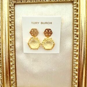 Tory Burch Gold and Cream Hexagon Earrings
